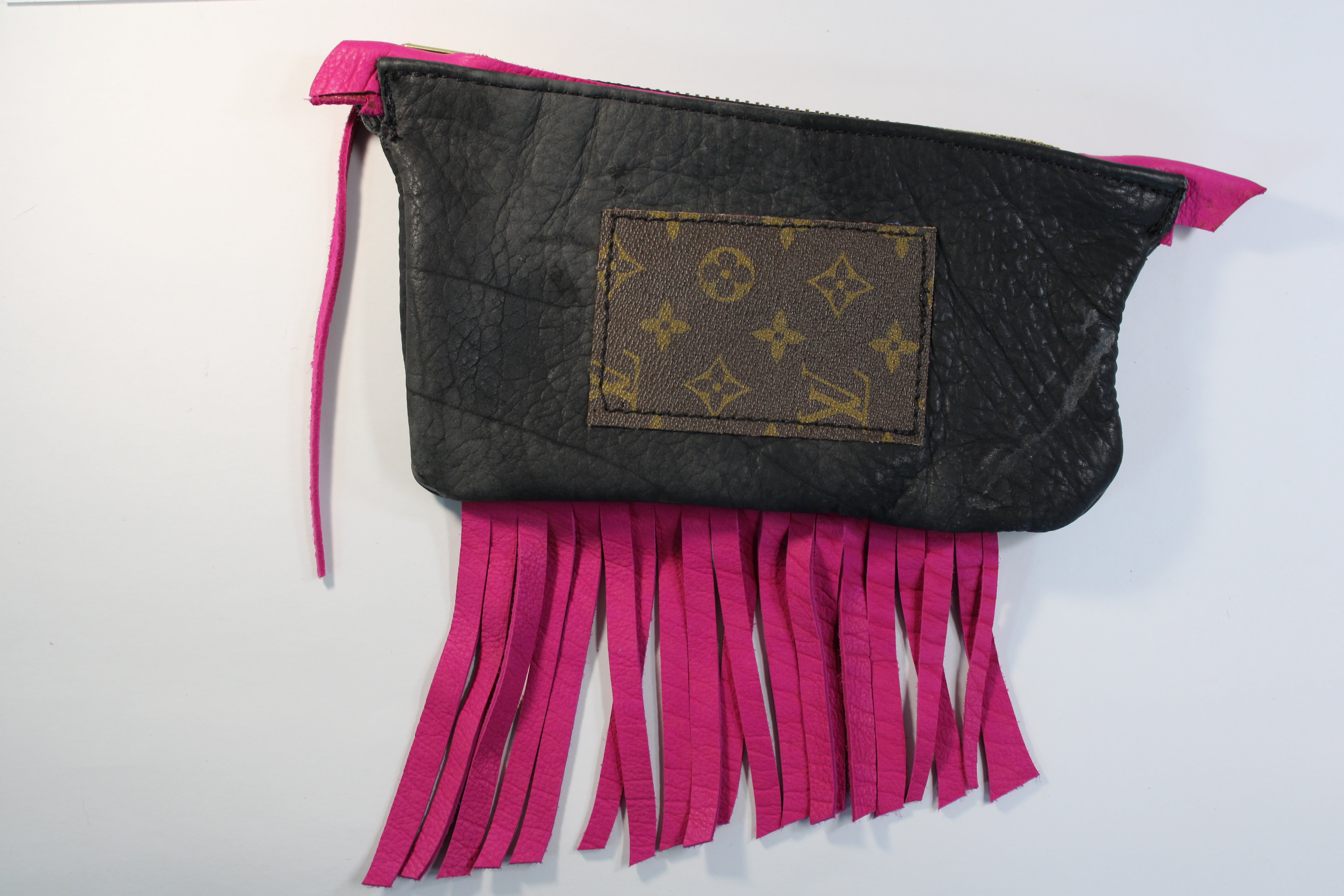 Collection of Black Bison Clutch with Pink Fringe and Authentic Louis Vuitton Canvas Accents. in a gallery layout